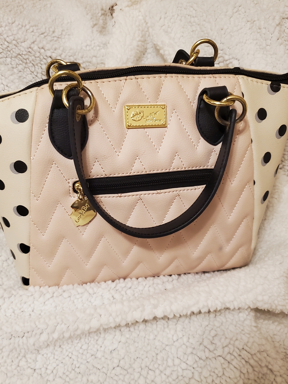 Betsey Johnson Quilted Blush Pink Satchel with Black Handles & Polka Dot Sides